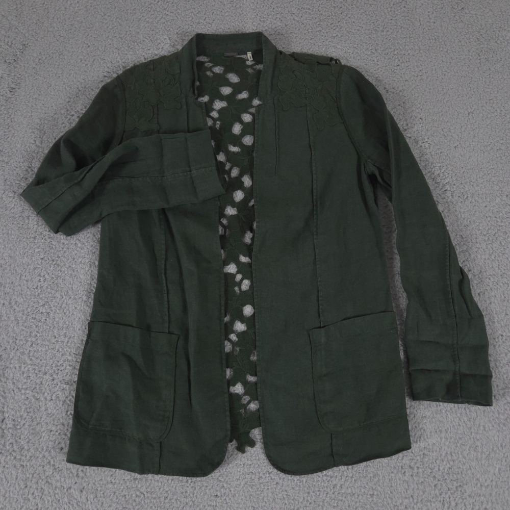 Elie Tahari Jacket Womens Medium Green Open Front Crochet Knit Back 100% Linen